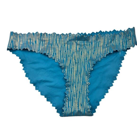 PilyQ Womens S Turquoise Blue Gold Metallic Trim Bikini Bottom NEW Reversible - Picture 1 of 6